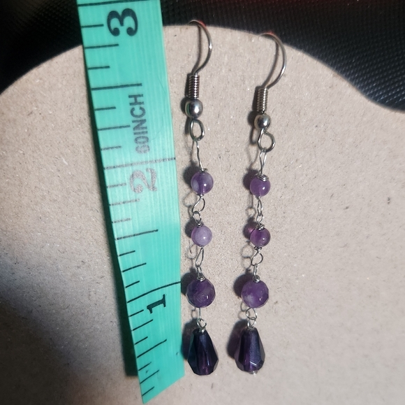Silver Tone Hook 2.5" Purple Glass Bead Dangle Earrings Tony Alexander Jewelry - Picture 2 of 3